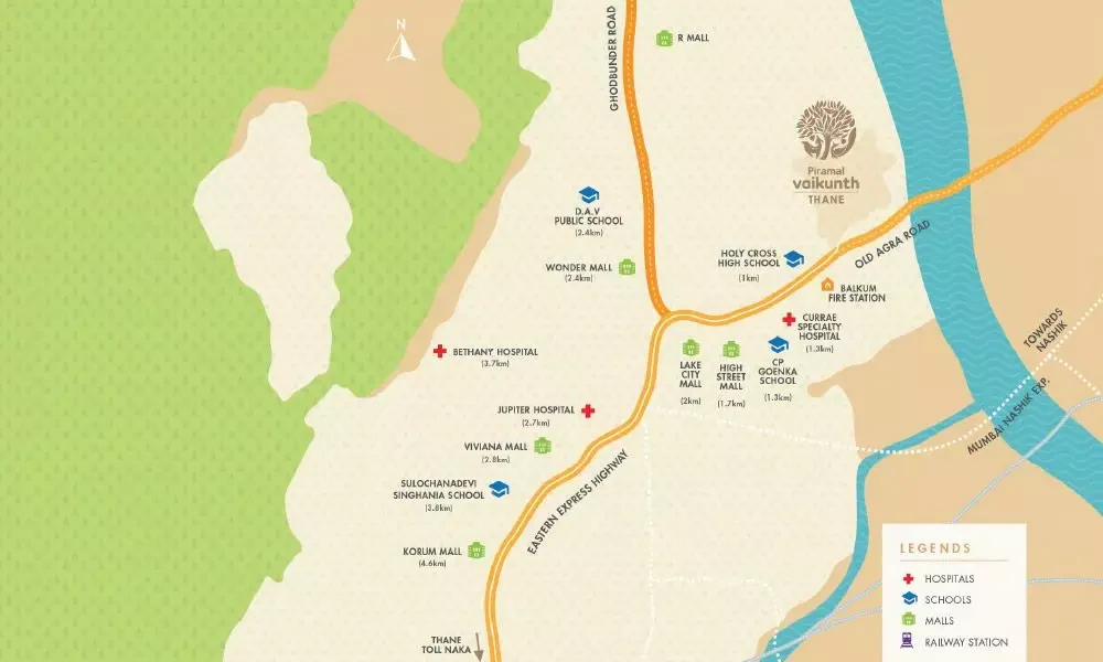Map showing Piramal Vaikunth at Balkum, Thane West with surrounding roads and landmarks